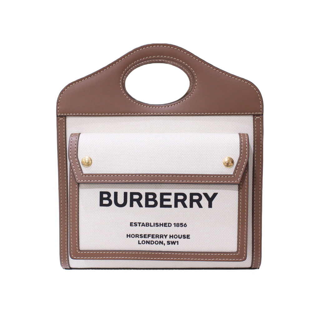 BURBERRY Two Tone Canvas Leather Pocket Bag White Brown Handbag Shoulder Strap - Picture 1 of 7